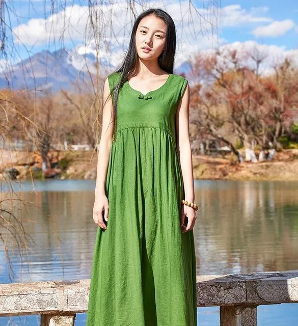 A Line Casual Green Linen Dress  | Zen