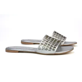 Abbie Mesh Strappy Diamante Slip On Flat Sandals Sliders in Silver