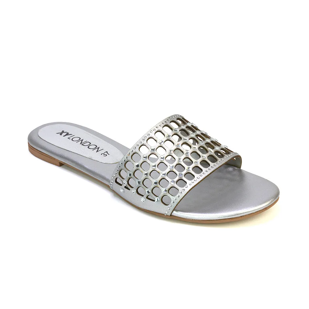 Abbie Mesh Strappy Diamante Slip On Flat Sandals Sliders in Silver