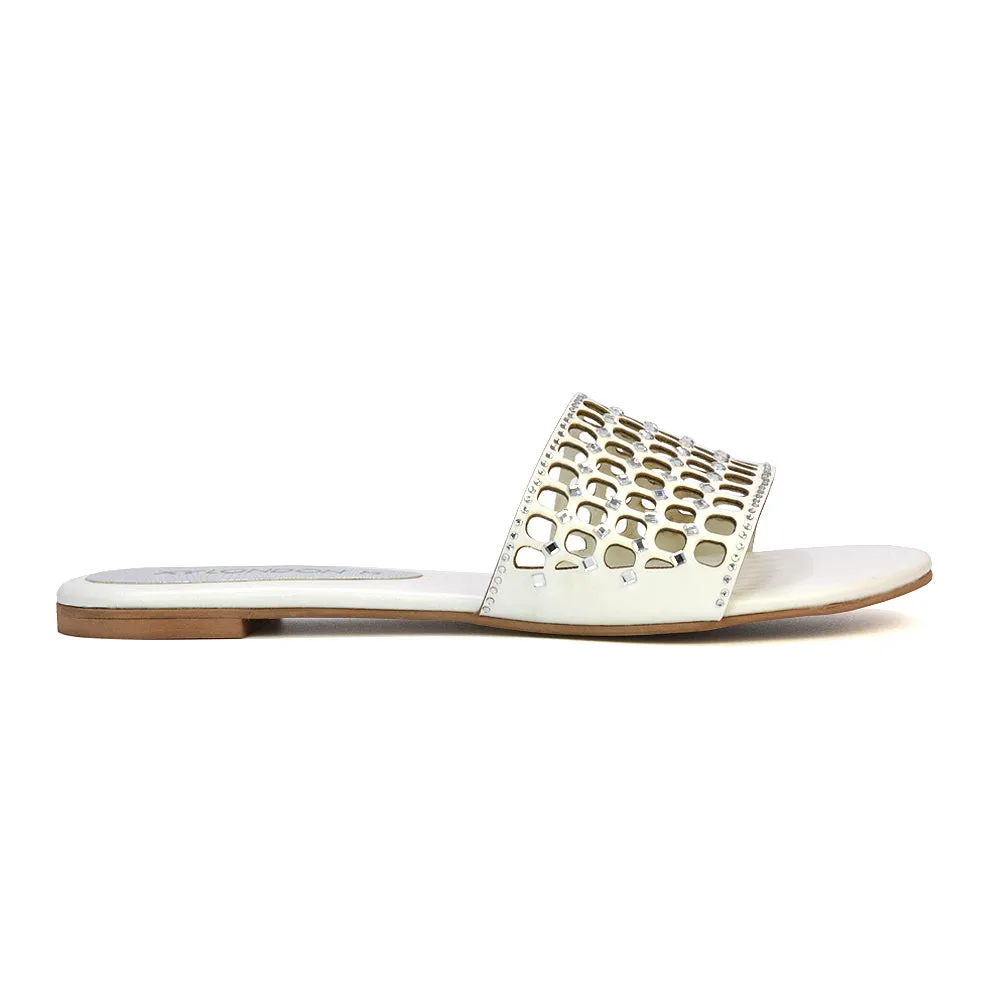 Abbie Mesh Strappy Diamante Slip On Flat Sandals Sliders in Silver