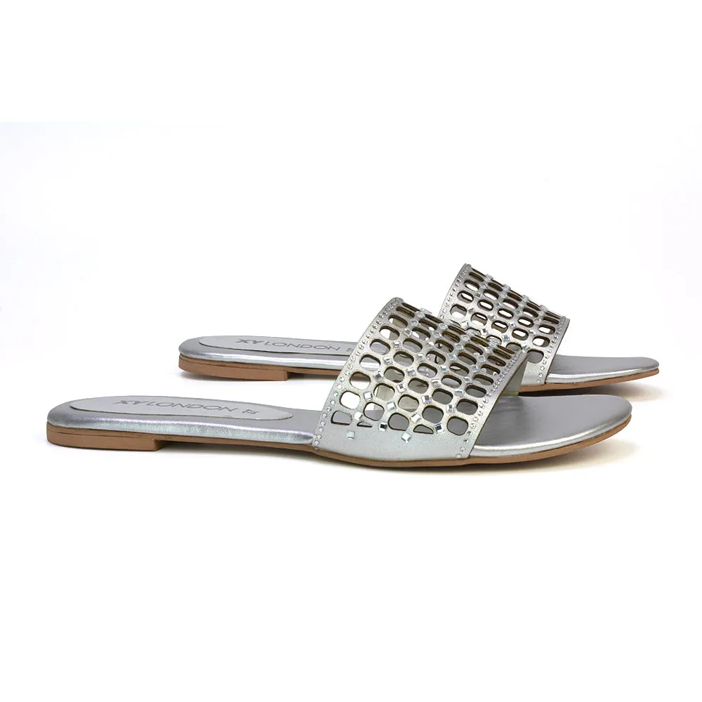 Abbie Mesh Strappy Diamante Slip On Flat Sandals Sliders in Silver