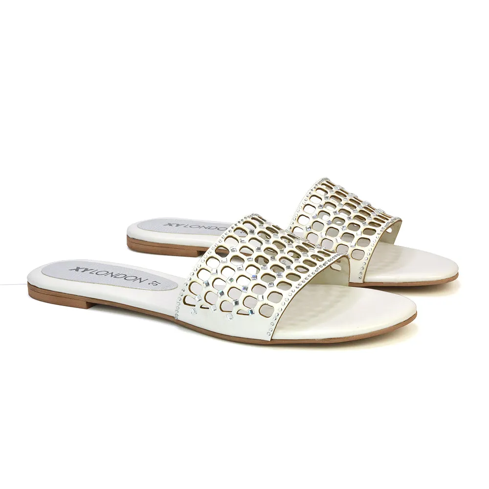 Abbie Mesh Strappy Diamante Slip On Flat Sandals Sliders in Silver