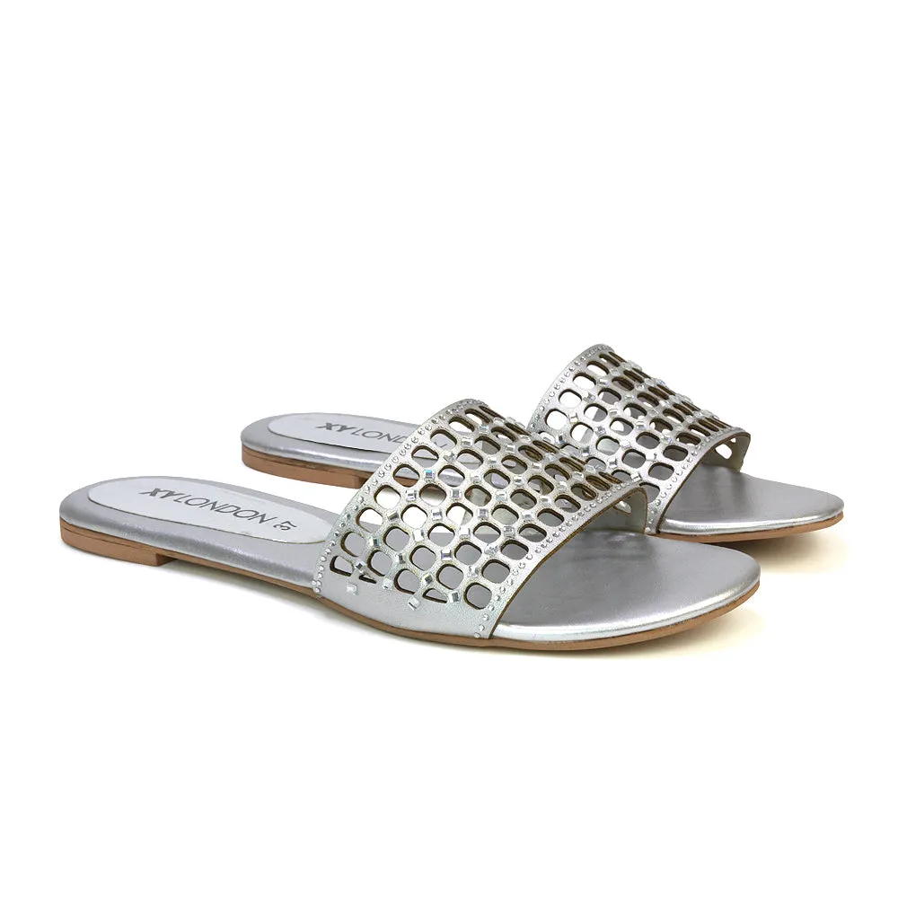 Abbie Mesh Strappy Diamante Slip On Flat Sandals Sliders in Silver