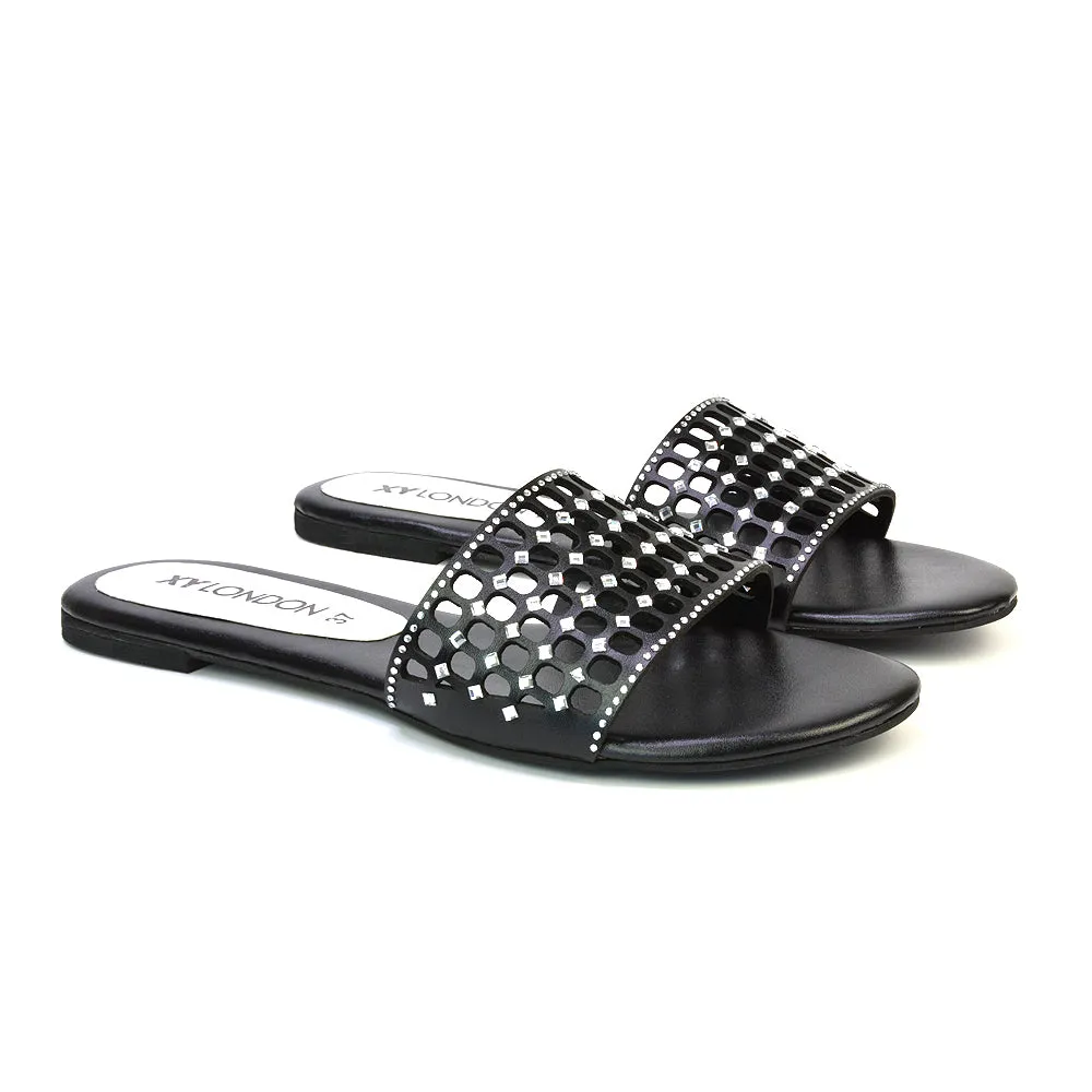 Abbie Mesh Strappy Diamante Slip On Flat Sandals Sliders in Silver