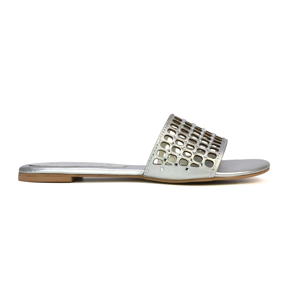 Abbie Mesh Strappy Diamante Slip On Flat Sandals Sliders in Silver