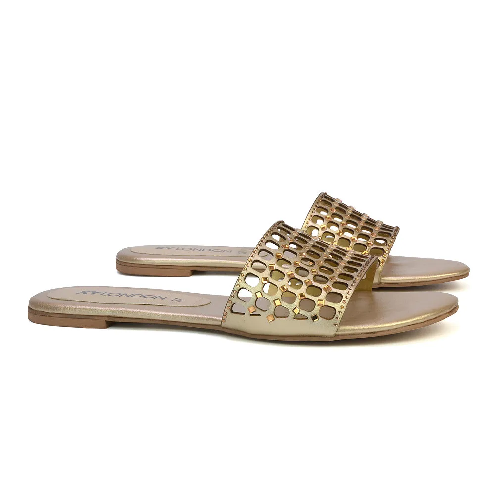 Abbie Mesh Strappy Diamante Slip On Flat Sandals Sliders in Silver