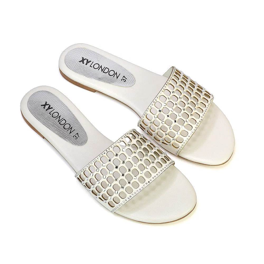 Abbie Mesh Strappy Diamante Slip On Flat Sandals Sliders in Silver