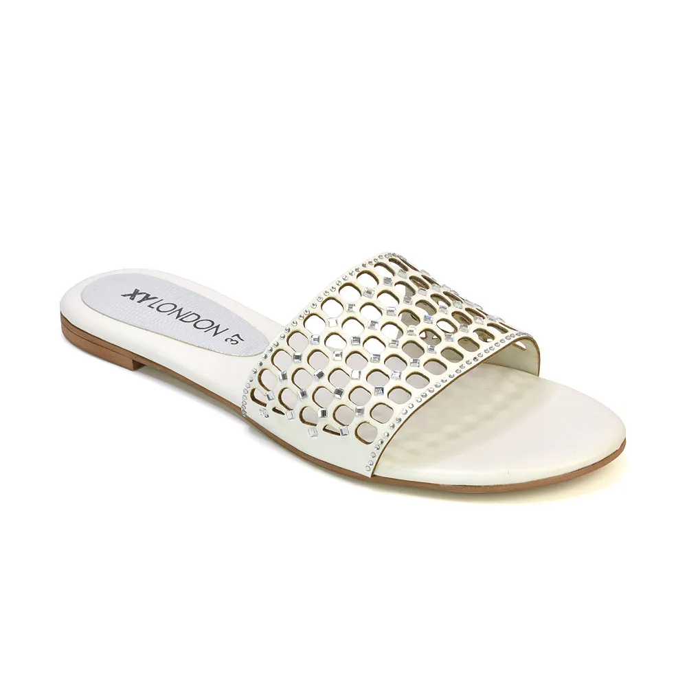 Abbie Mesh Strappy Diamante Slip On Flat Sandals Sliders in Silver