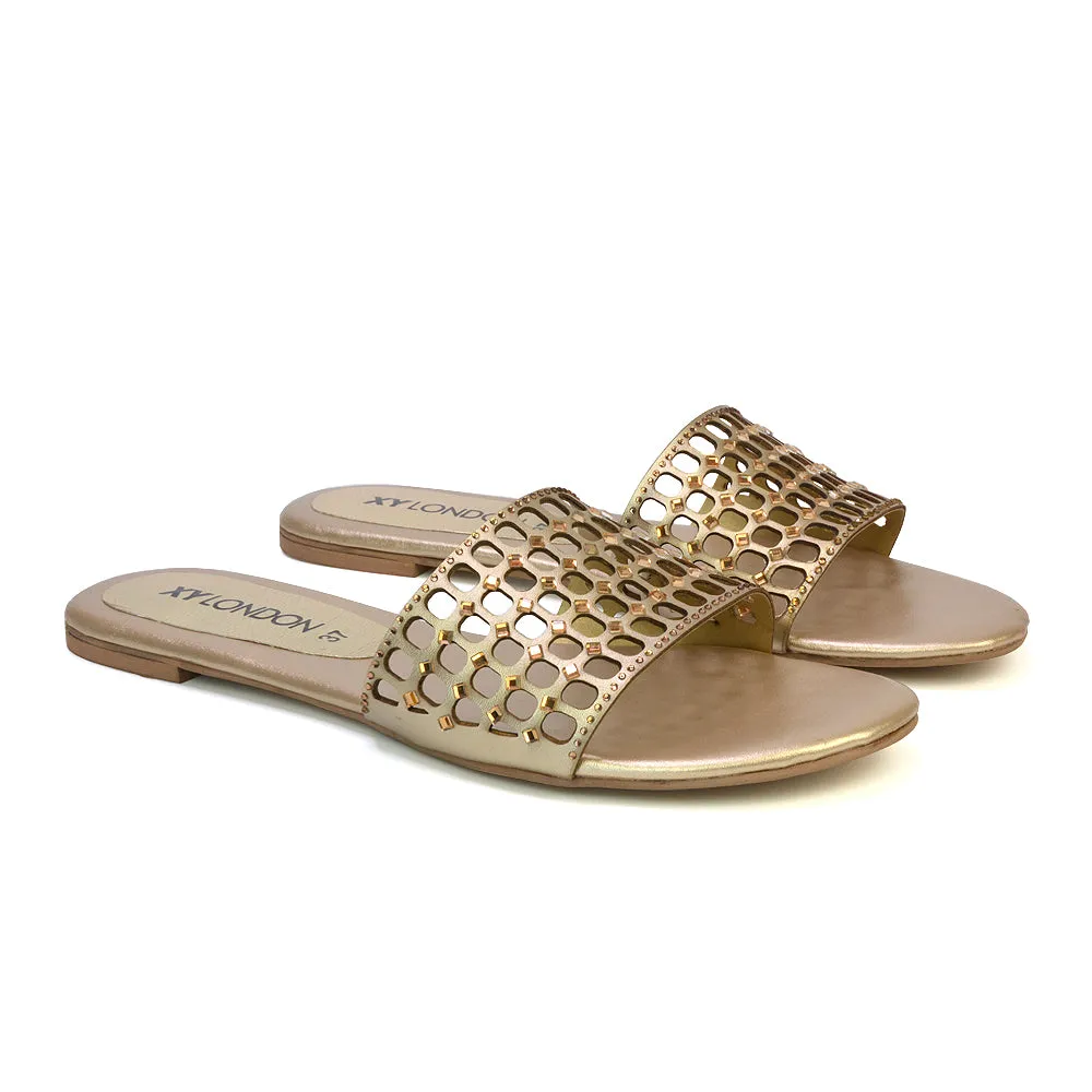 Abbie Mesh Strappy Diamante Slip On Flat Sandals Sliders in Silver