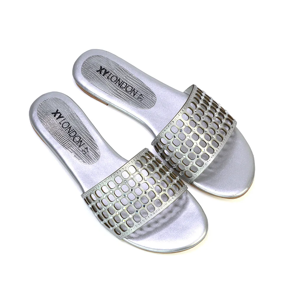 Abbie Mesh Strappy Diamante Slip On Flat Sandals Sliders in Silver