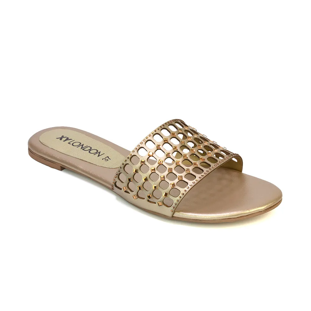 Abbie Mesh Strappy Diamante Slip On Flat Sandals Sliders in Silver