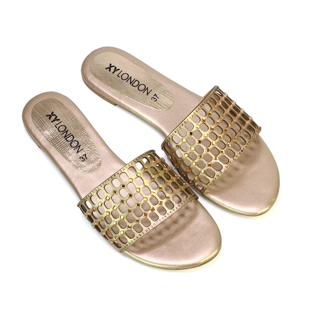 Abbie Mesh Strappy Diamante Slip On Flat Sandals Sliders in Silver