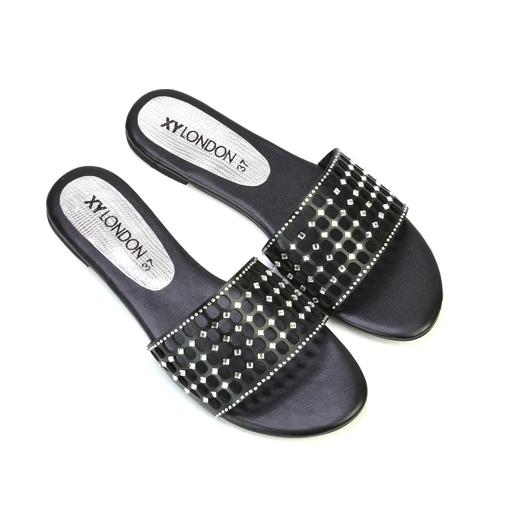 Abbie Mesh Strappy Diamante Slip On Flat Sandals Sliders in Silver