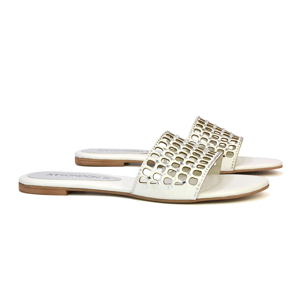 Abbie Mesh Strappy Diamante Slip On Flat Sandals Sliders in White