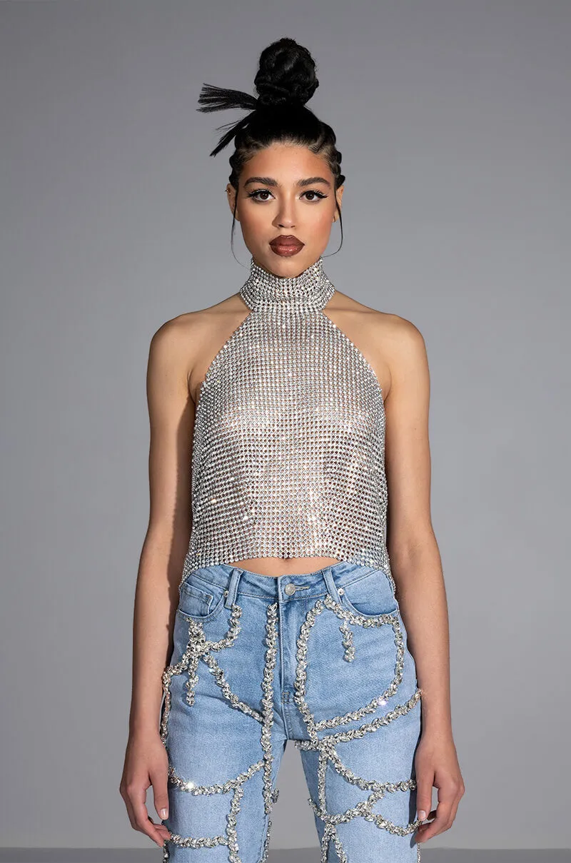 ABOVE ALL RHINESTONE HALTER TOP