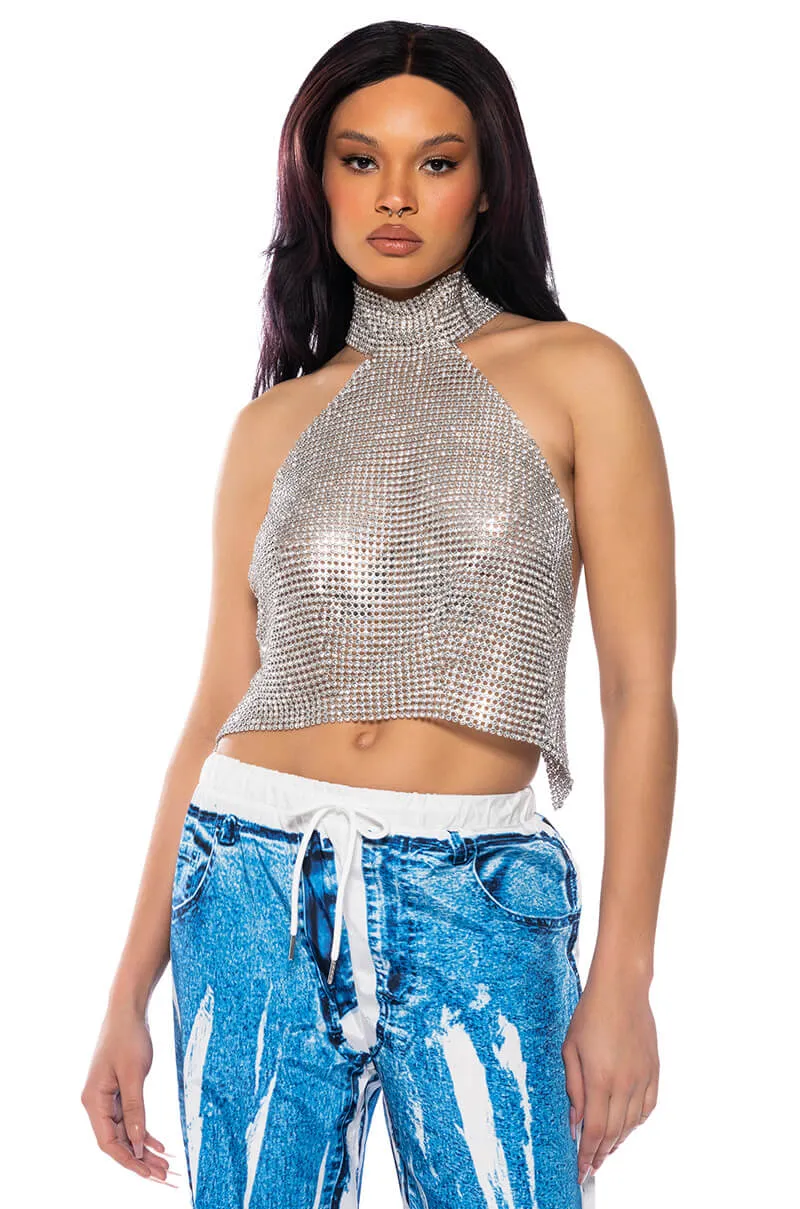 ABOVE ALL RHINESTONE HALTER TOP