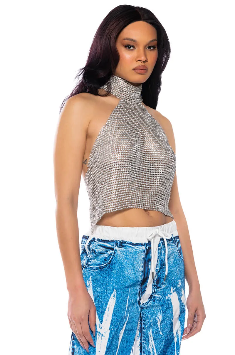 ABOVE ALL RHINESTONE HALTER TOP