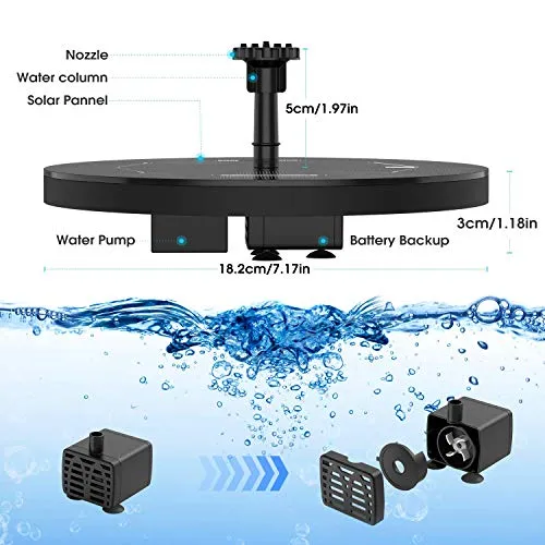 AISITIN 3.5W Solar Fountain Pump Built-in 1500mAh Battery, Solar Bird Bath Fountain with 6 Nozzles, Solar Floating Water Fountain Pump for Bird Bath, Fish Tank, Pond, Pool, Garden and Outdoor