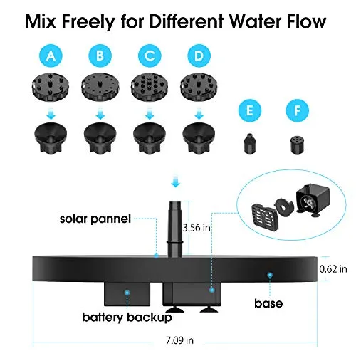 AISITIN 3.5W Solar Fountain Pump Built-in 1500mAh Battery, Solar Bird Bath Fountain with 6 Nozzles, Solar Floating Water Fountain Pump for Bird Bath, Fish Tank, Pond, Pool, Garden and Outdoor