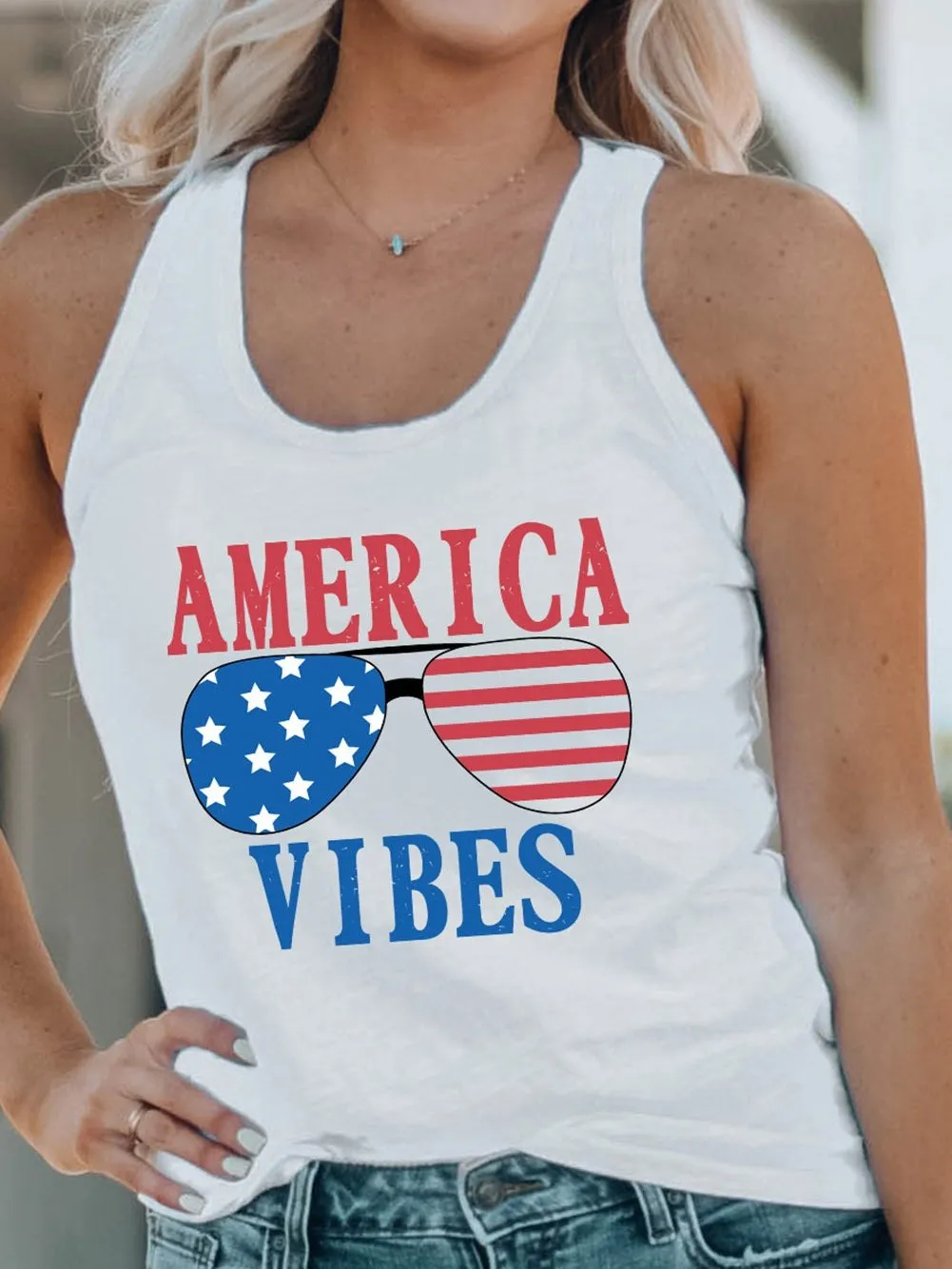 American Flag Print Graphic Sunglasses White Tank Top