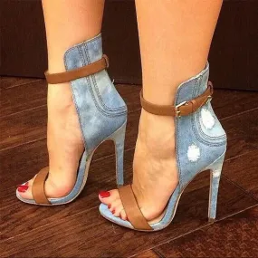 Amozae- Denim Cloth Open-Toe Ankle Strap Stiletto Heels