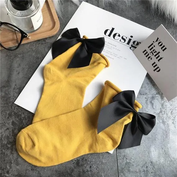 Anklet Socks with Satin Bows in Yellow and Black