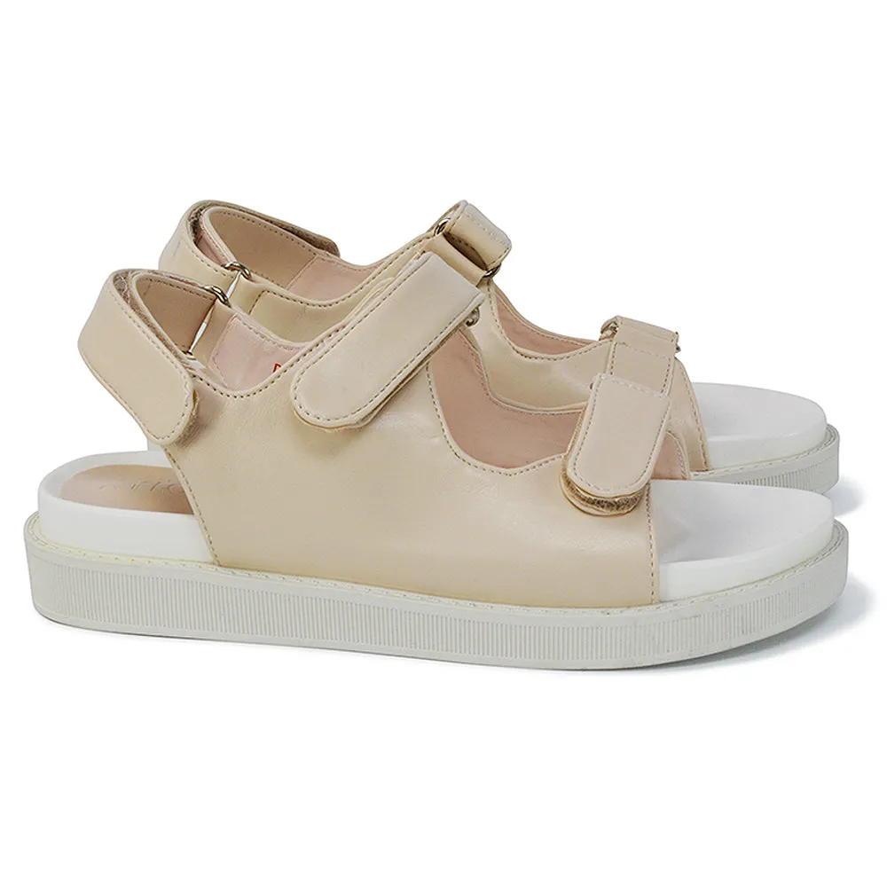 Asher Double Strap Flat Platform Heel Dad Sandals in Nude Synthetic Leather