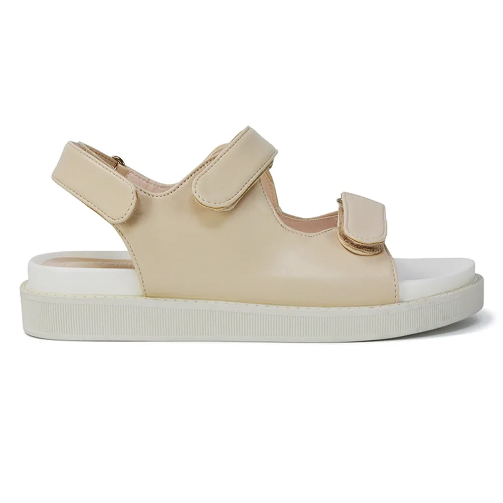 Asher Double Strap Flat Platform Heel Dad Sandals in Nude Synthetic Leather