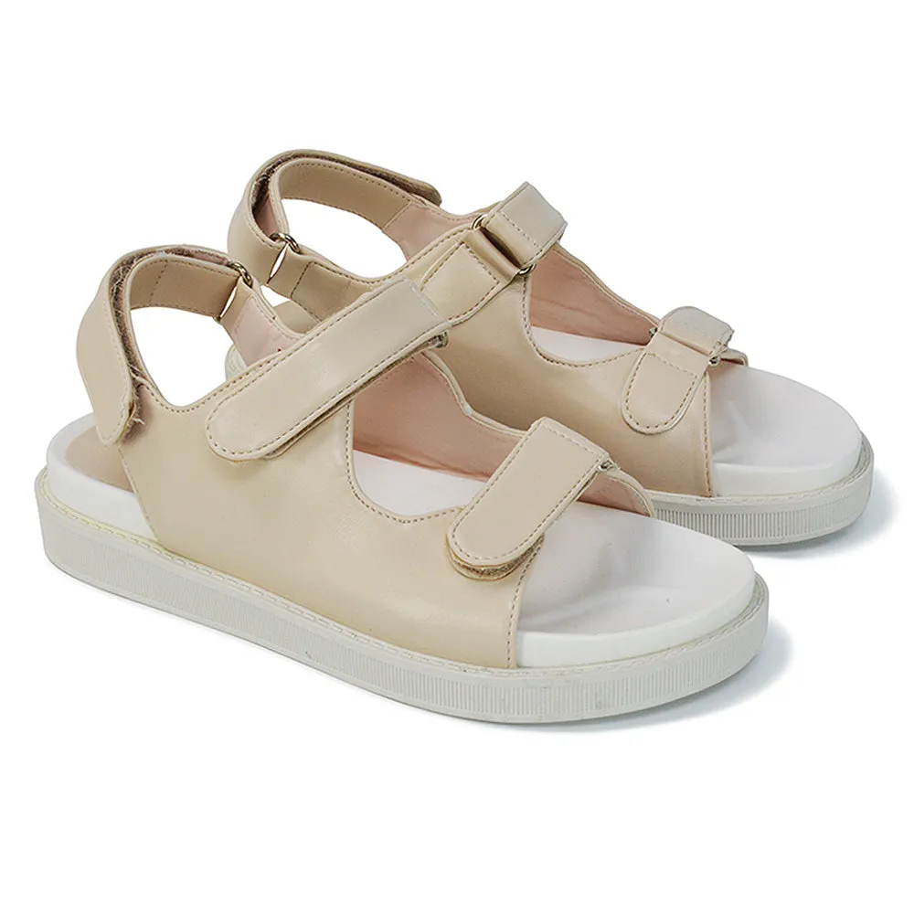 Asher Double Strap Flat Platform Heel Dad Sandals in White Synthetic Leather