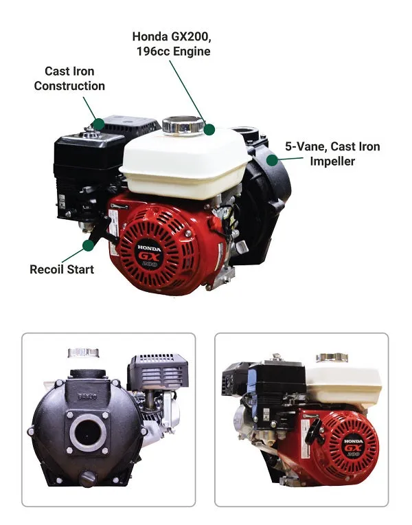 Banjo Pump | 2 in. Cast Iron 205 GPM | Trimmed Impeller | Honda GX200 (225PIH6)
