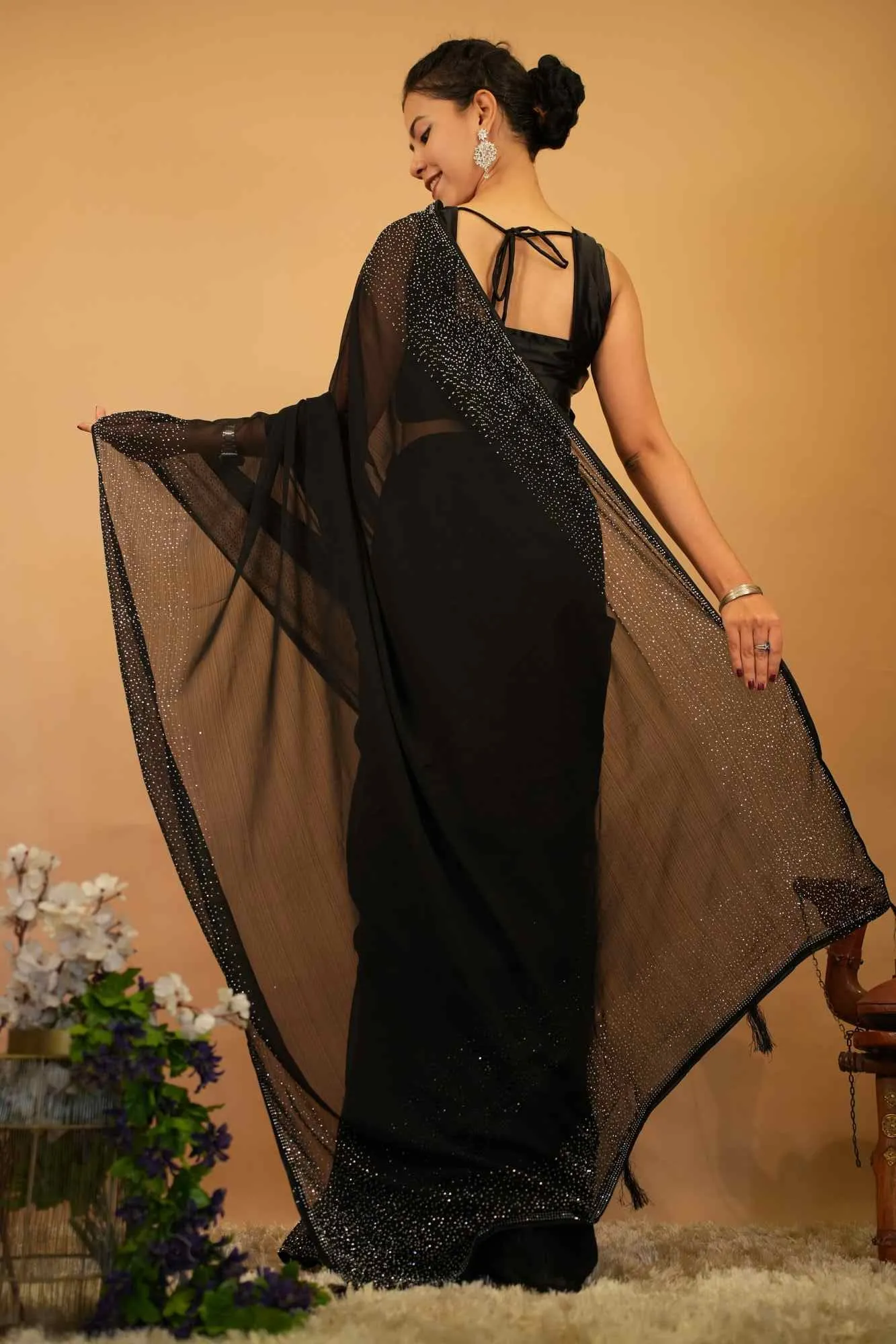 Beautiful Black Soft Georgette With swarovski Crystals Embellished Bordered & Tassels On Palla Pre Drape Saree