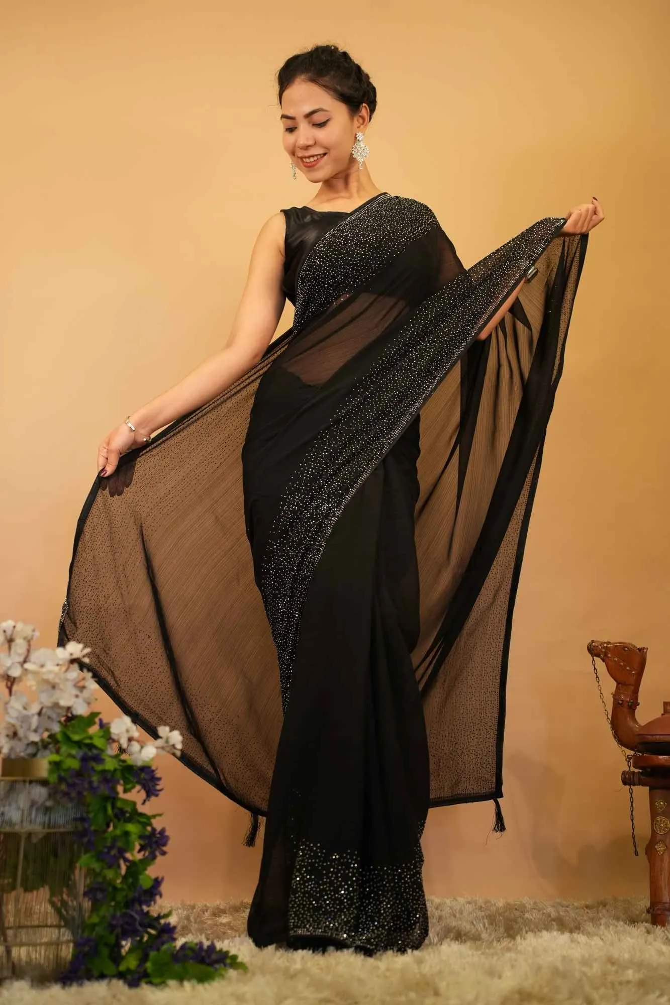 Beautiful Black Soft Georgette With swarovski Crystals Embellished Bordered & Tassels On Palla Pre Drape Saree