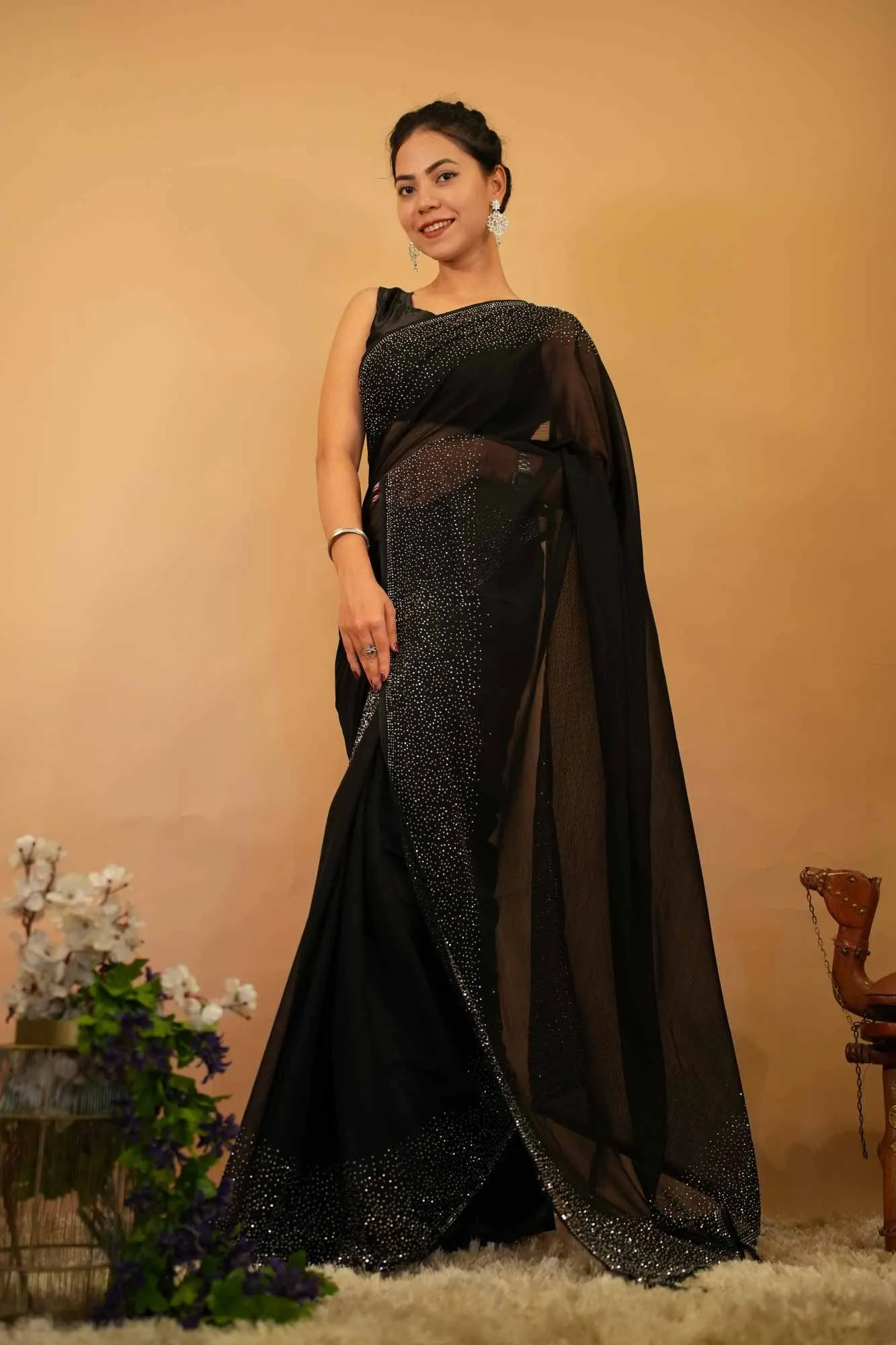 Beautiful Black Soft Georgette With swarovski Crystals Embellished Bordered & Tassels On Palla Pre Drape Saree