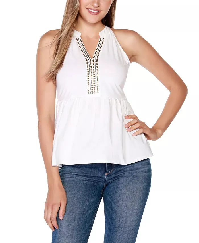 Belldini Black Label Embellished Sleeveless Peplum Top - White, Gold-Tone, XL