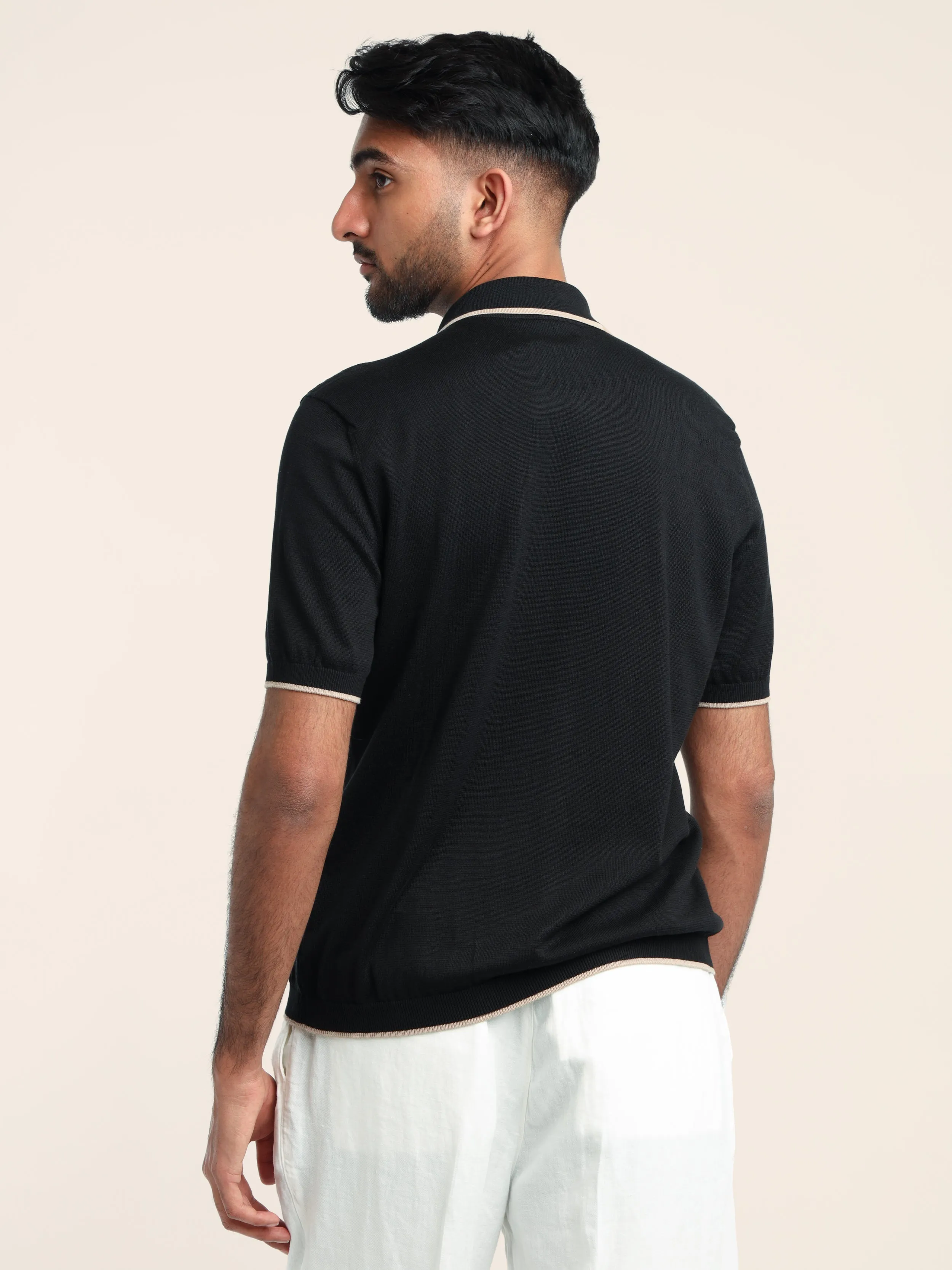 Black Cotton Jacquard Rib Short Sleeve Knit Shirt