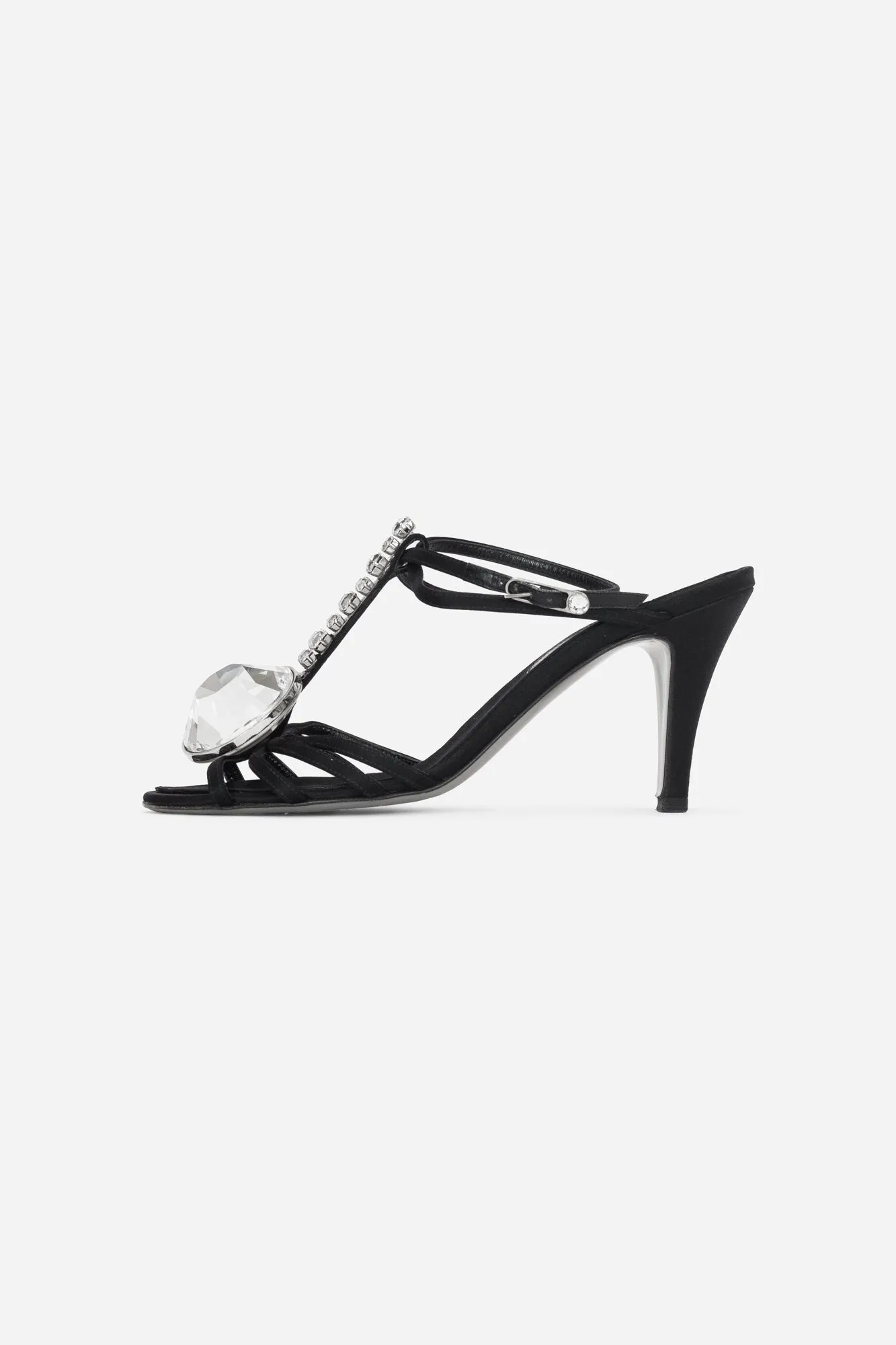 Black Satin T-Strap Crystal Embellished Sandals