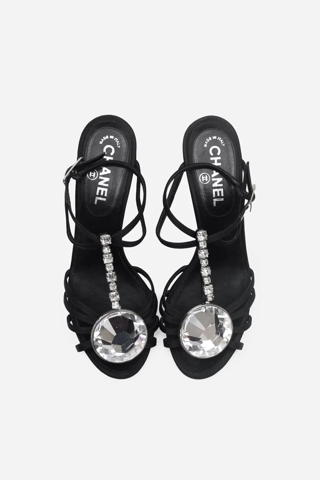 Black Satin T-Strap Crystal Embellished Sandals