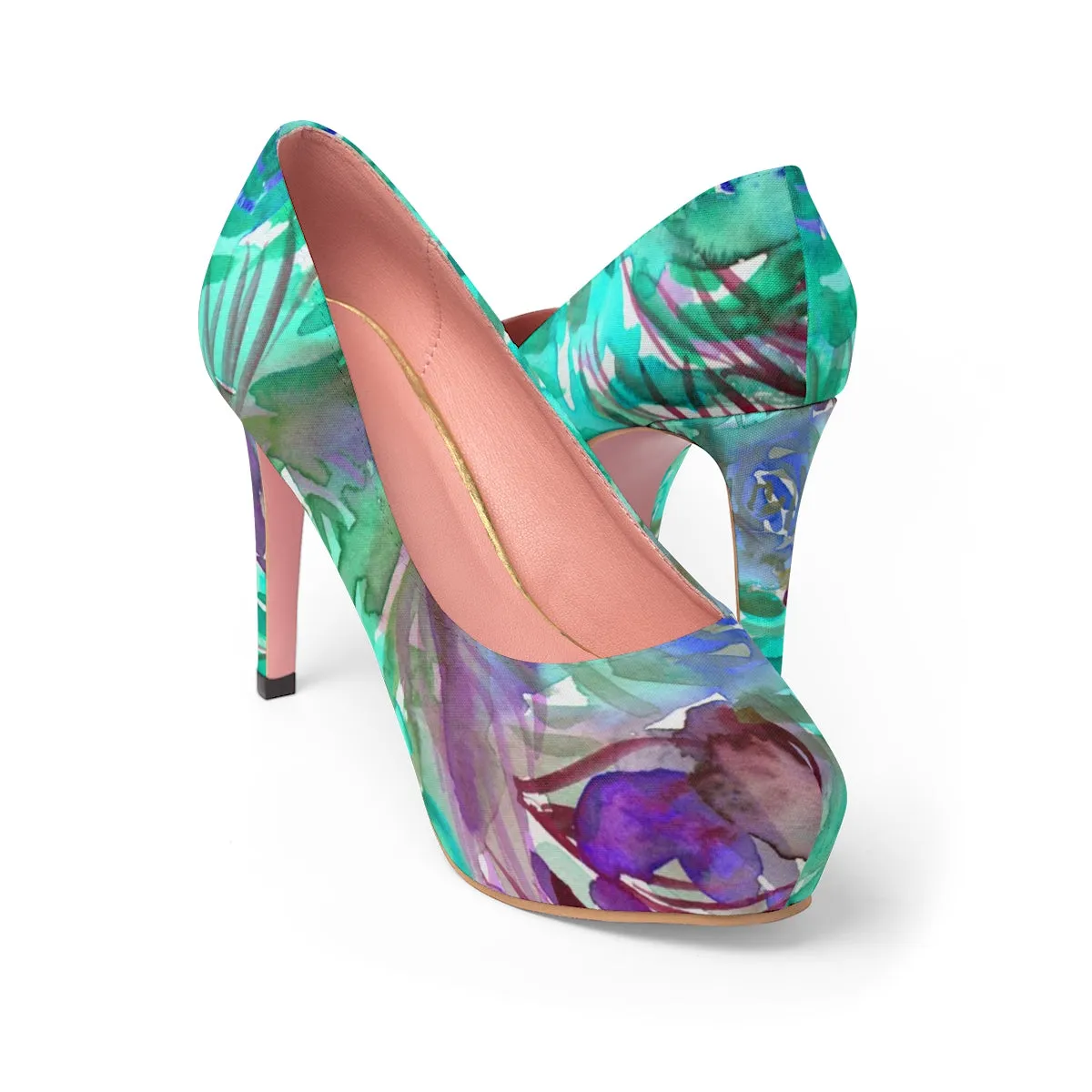 Blue Purple Rose Heels, Floral Print Women's Platform Weeding 4" Heels Stilettos Shoes