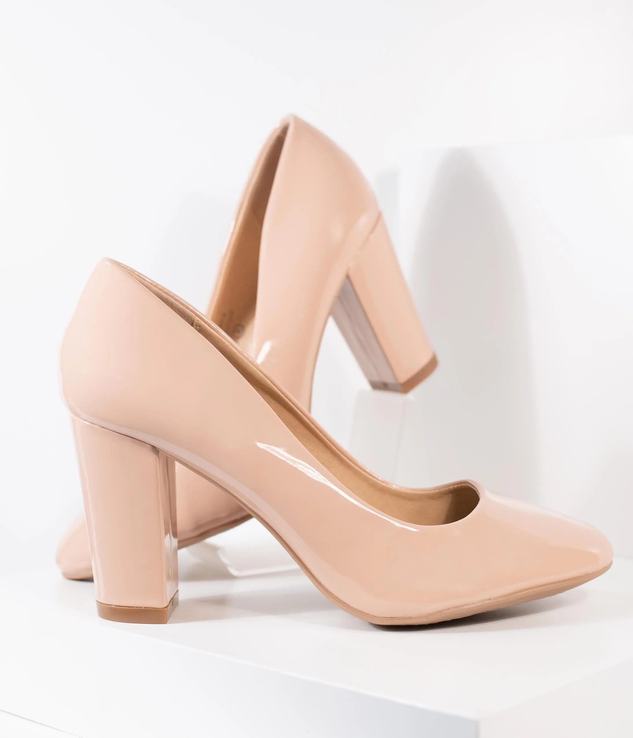 Blush Pink Patent Leatherette Block Heel Pumps