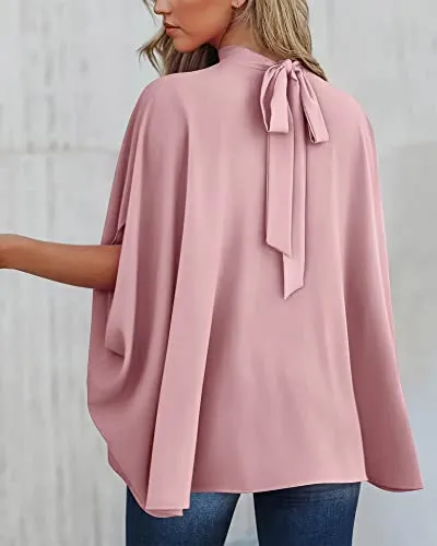 BTFBM Women Mock Neck Batwing Short Sleeve Summer Tops 2023 Spring Loose High Low Hem Casual Oversize Blouses Shirts Top(Solid Pink, Large)