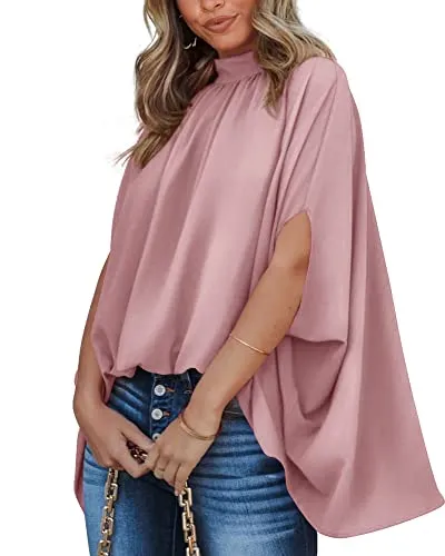 BTFBM Women Mock Neck Batwing Short Sleeve Summer Tops 2023 Spring Loose High Low Hem Casual Oversize Blouses Shirts Top(Solid Pink, Large)