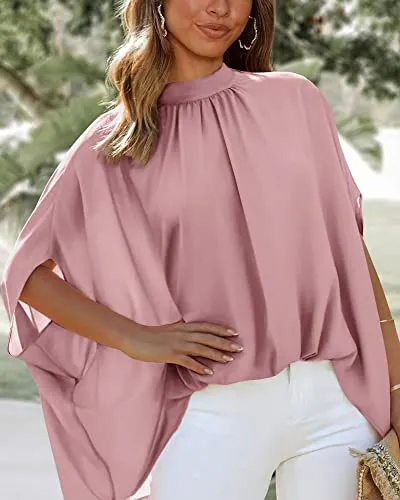 BTFBM Women Mock Neck Batwing Short Sleeve Summer Tops 2023 Spring Loose High Low Hem Casual Oversize Blouses Shirts Top(Solid Pink, Large)