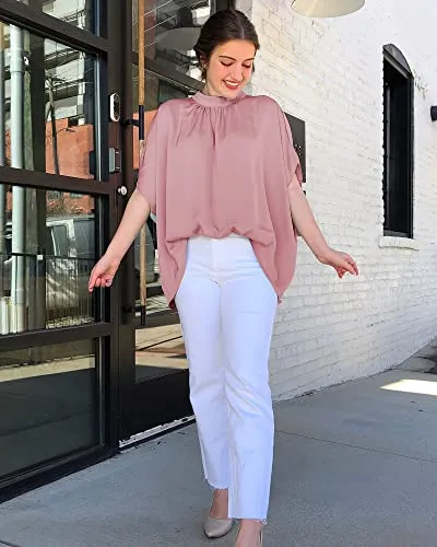 BTFBM Women Mock Neck Batwing Short Sleeve Summer Tops 2023 Spring Loose High Low Hem Casual Oversize Blouses Shirts Top(Solid Pink, Large)