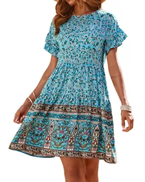 BTFBM Women's Casual Short Sleeve Boho Summer Dresses Crewneck Floral Print High Waist Beach Cute Mini Swing Flowy Dress (Large, Floral Blue)