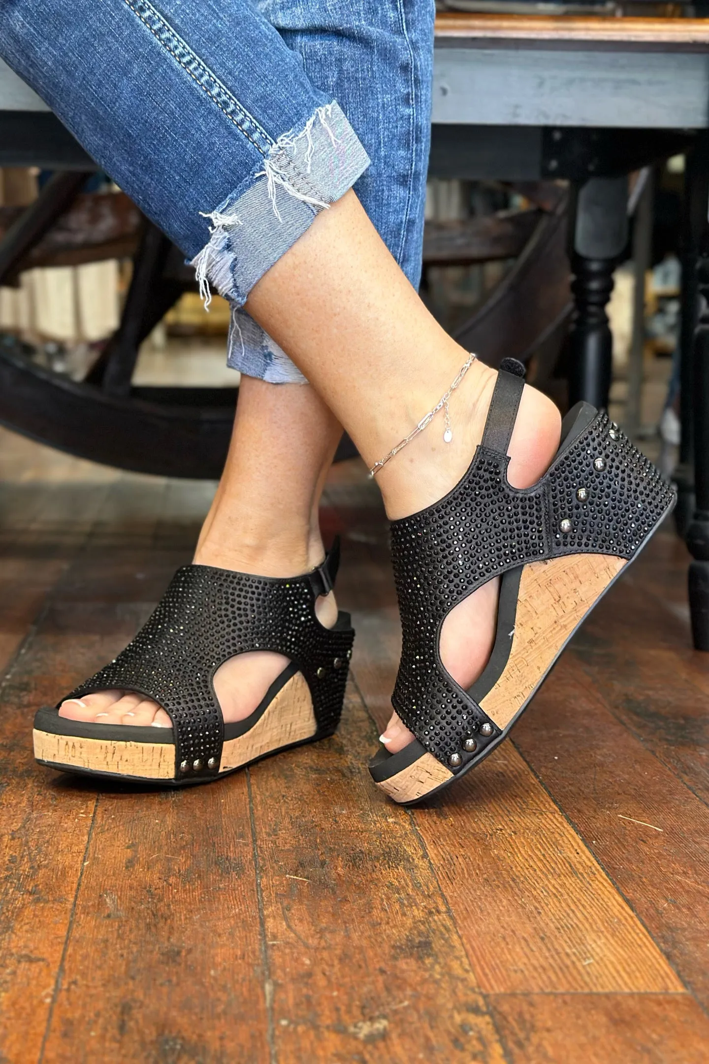 CARLEY By Corkys Black Crystal Wedge