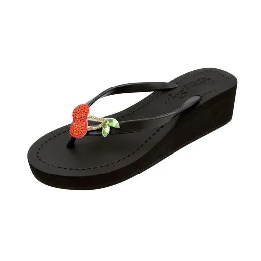 Cherry - Rhinestone Mid Wedge Flip Flops Sandals