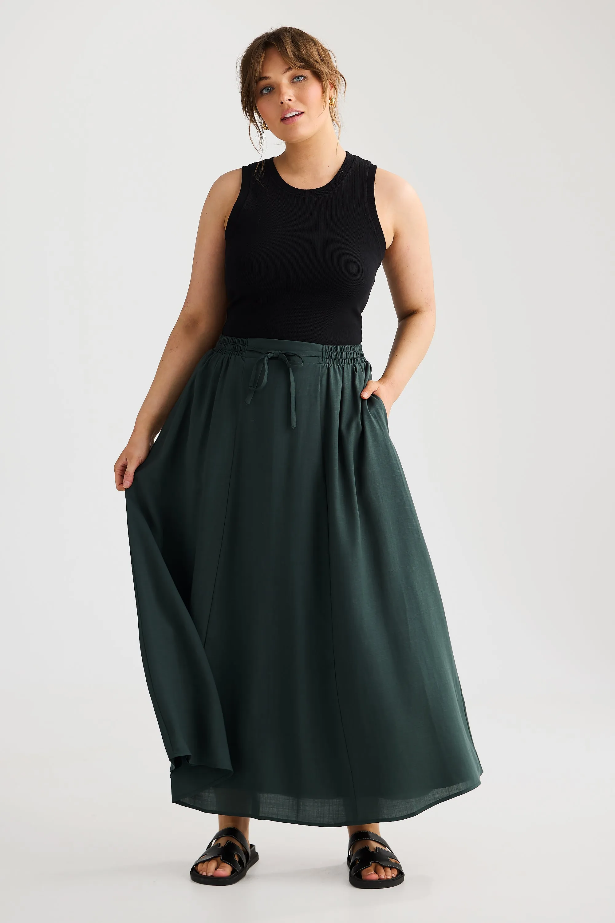 Core Drawstring Midi Skirt - Pine Green