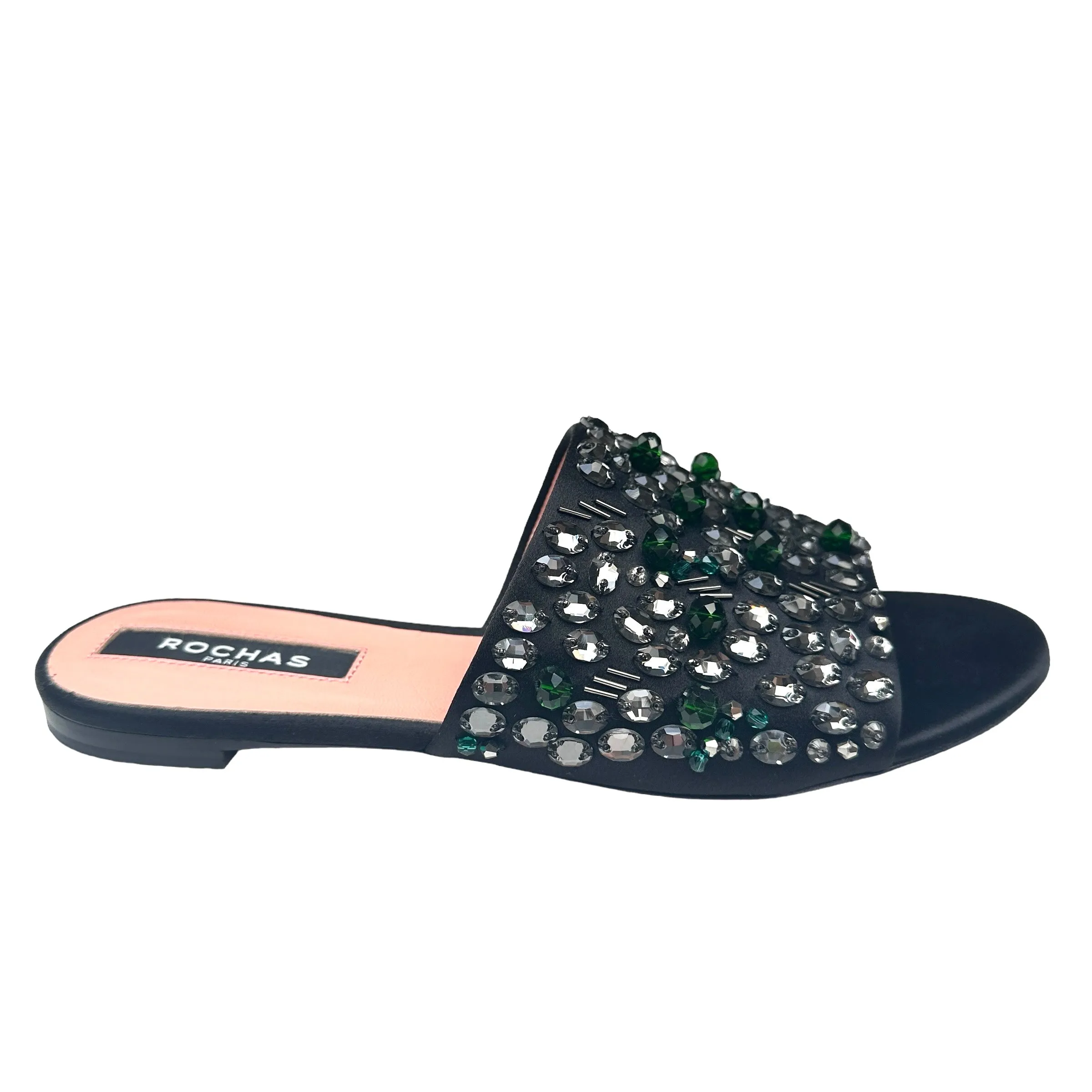 Crystal Embellished Black Slides - 8.5