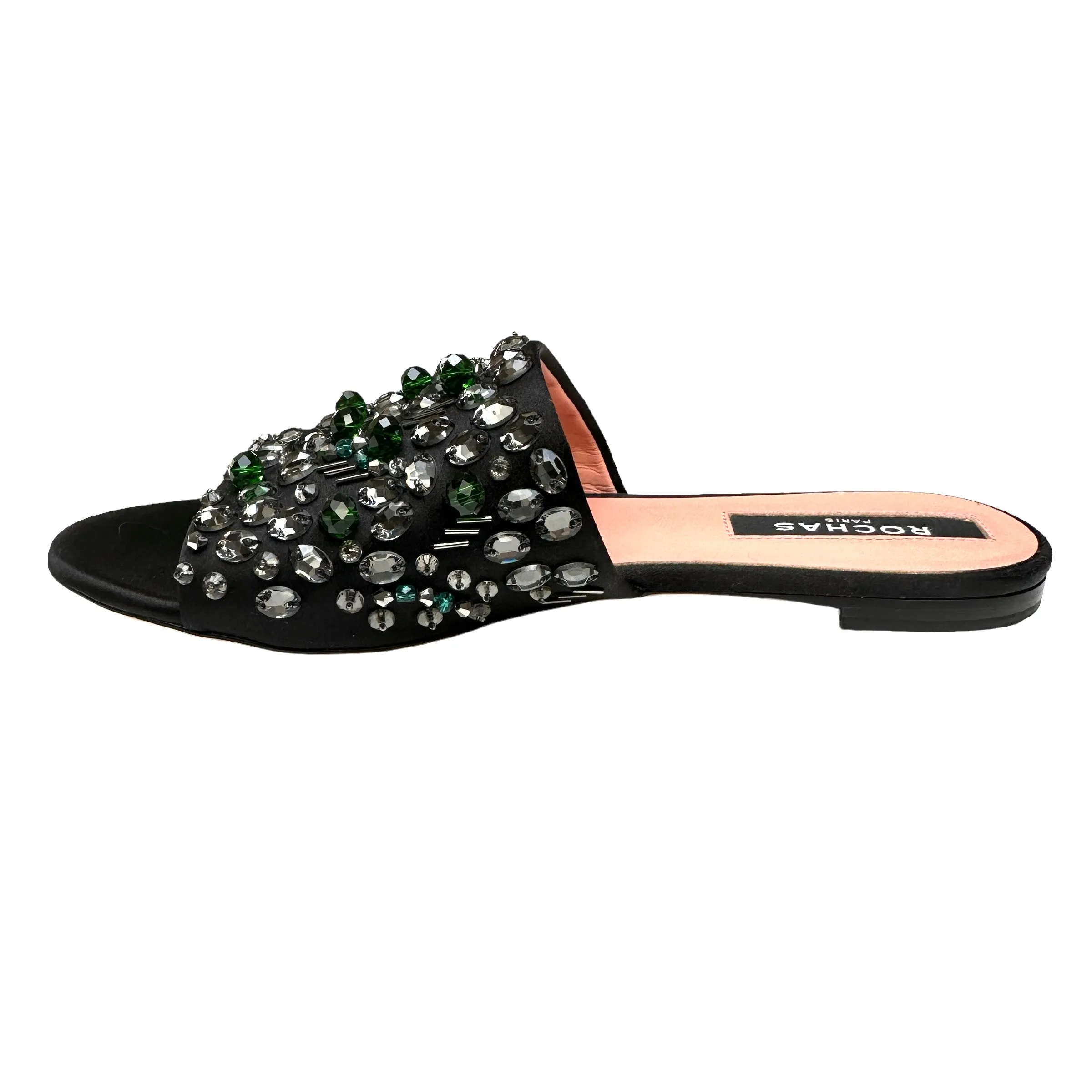 Crystal Embellished Black Slides - 8.5