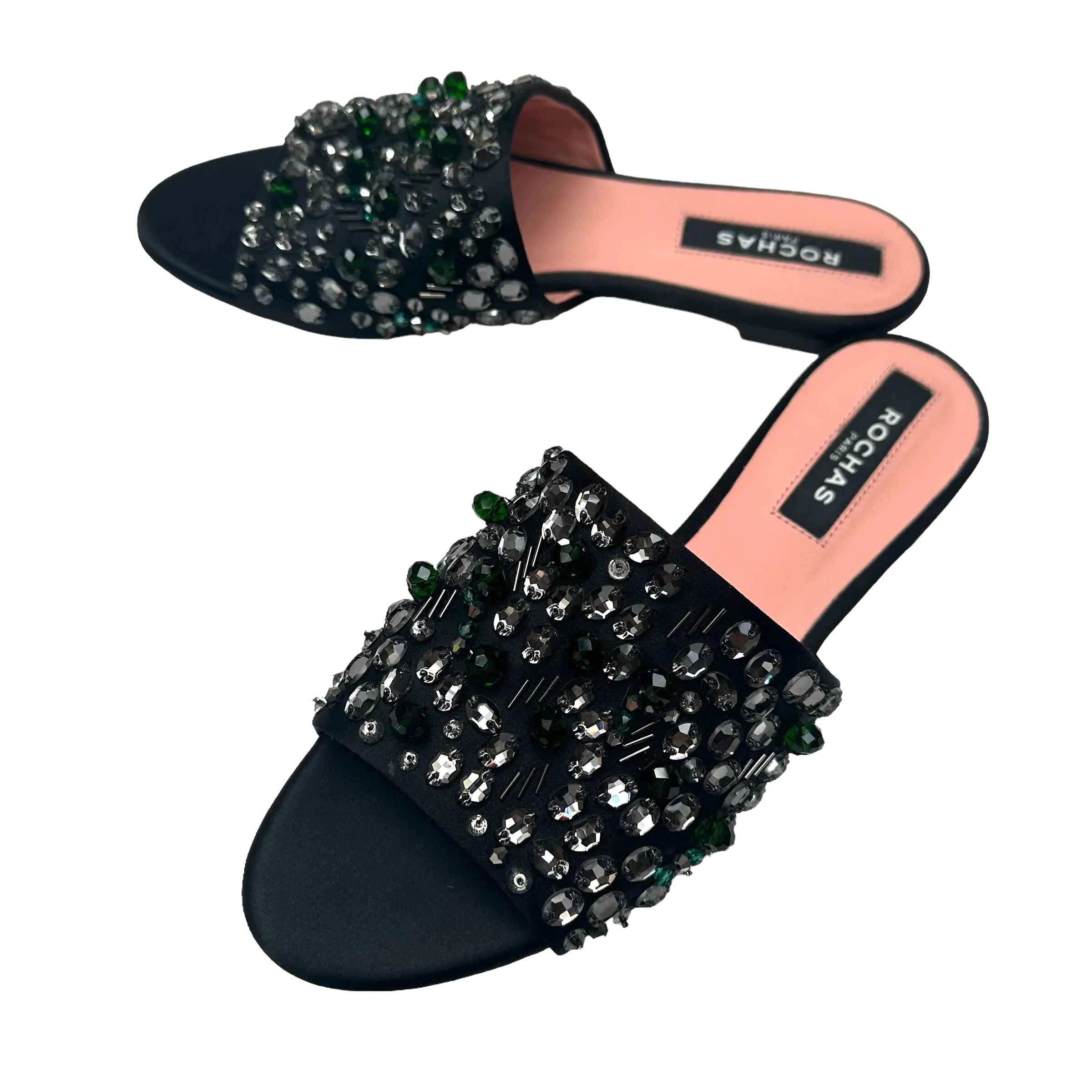 Crystal Embellished Black Slides - 8.5